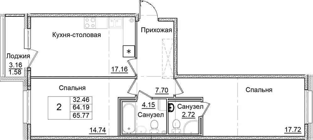 Планировка: 2-комнатная квартира 64,2 м² в ЖК «Квартал Заречье»