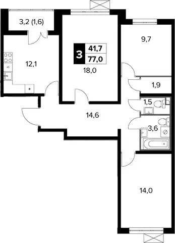 Планировка: 3-комнатная квартира 75,4 м² в ЖК «Южная Битца»