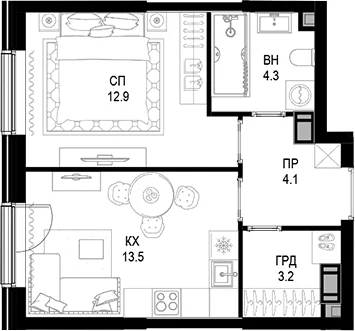 Планировка: 1-комнатная квартира 38 м² в ЖК Трилогия «Кристалл»