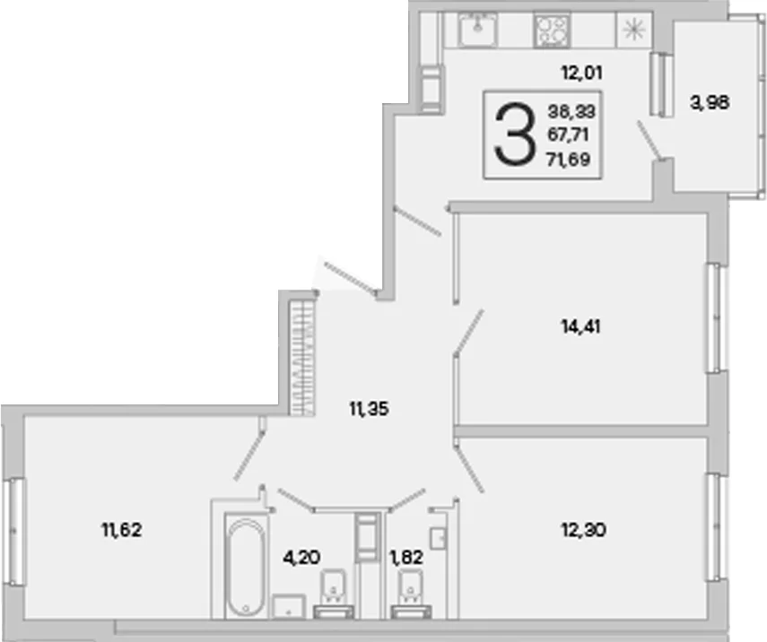Планировка: 3-комнатная квартира 67,7 м² в ЖК «ЮгТаун. Олимпийские кварталы»
