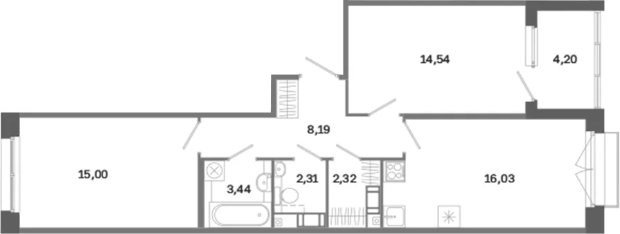 Планировка: 2-комнатная квартира 61,8 м² в ЖК «Дом на Курской»