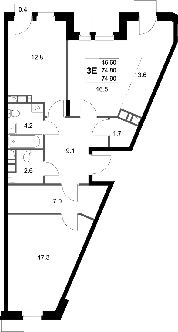 Планировка: Евротрёшка 74,8 м² в ЖК «Легенда Марусино»