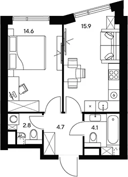 Планировка: 1-комнатная квартира 42,1 м² в ЖК «НЕКСУС от Аквилон»