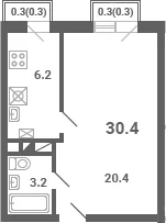 Планировка: 1-комнатная квартира 29,8 м² в ЖК «Южная Долина»