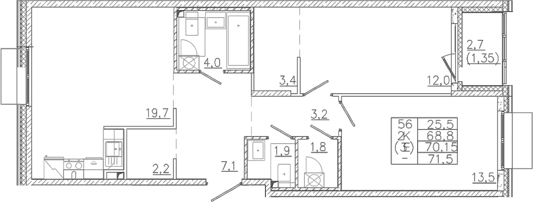 Планировка: 2-комнатная квартира 68,8 м² в ЖК «Лисино»