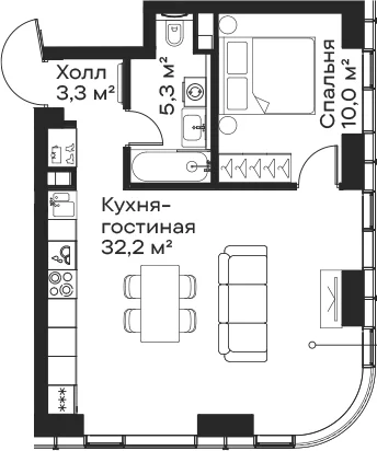 Планировка: Евродвушка 50,8 м² в ЖК «Сити Бэй»
