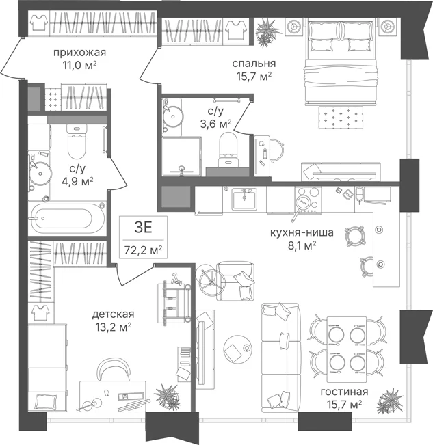 Планировка: Евротрёшка 72,2 м² в ЖК «Петровский Парк II»