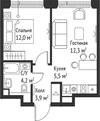 Планировка: Евродвушка 37,9 м² в ЖК «СЕТ»