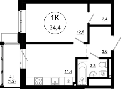 Планировка: 1-комнатная квартира 33,2 м² в ЖК «Союзный»
