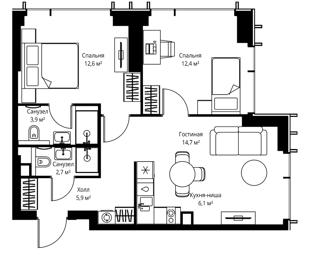 Планировка: Евротрёшка 58,3 м² в ЖК «Веер»