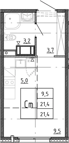 Планировка: Студия 21,4 м² в ЖК «Ручьи 2»