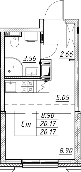 Планировка: Студия 20,2 м² в ЖК «Цивилизация на Неве»