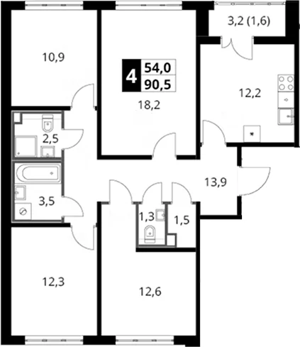 Планировка: 4-комнатная квартира 88,9 м² в ЖК «Южная Битца»