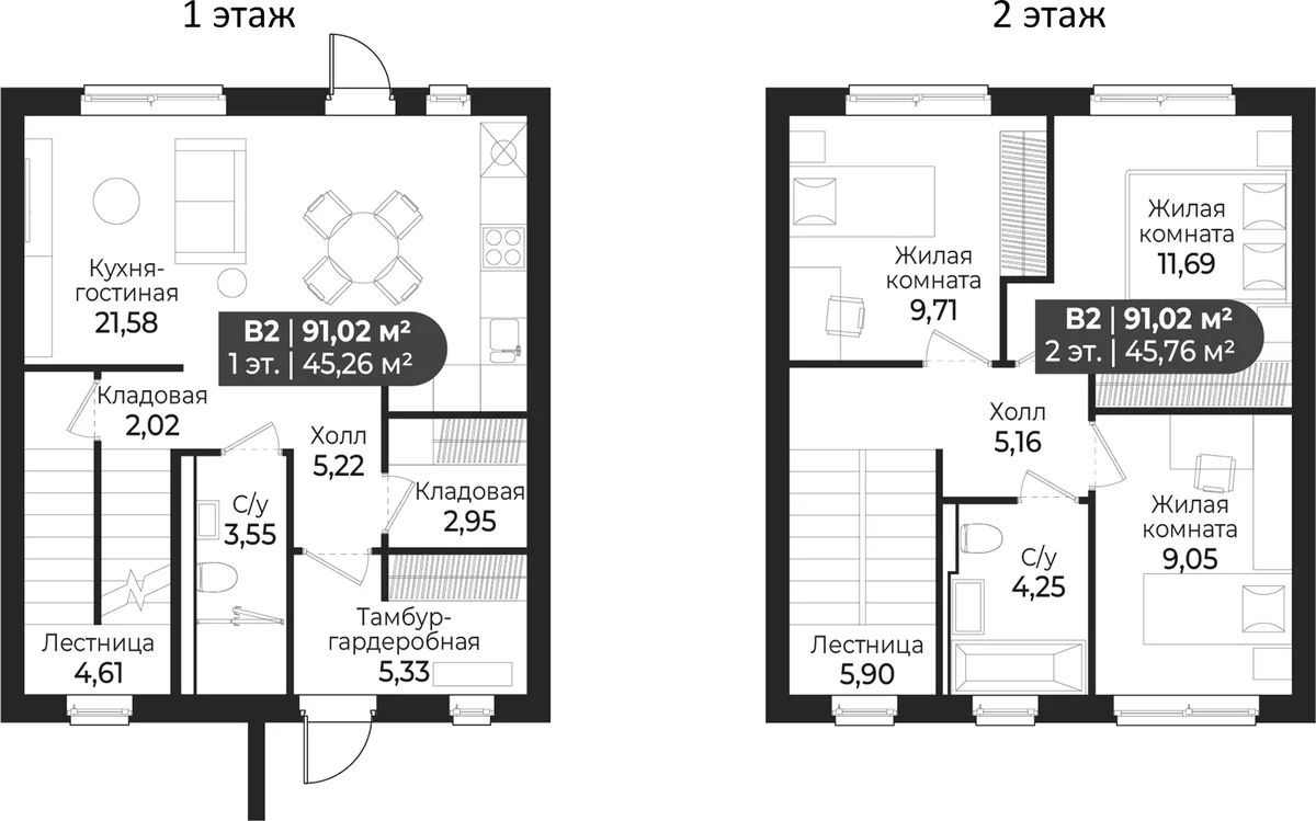 Планировка: Таунхаус 95,3 м² в ЖК «Коттеджный поселок СветЛО»