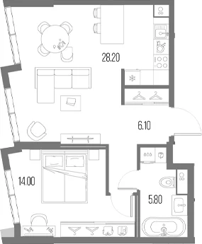 Планировка: 1-комнатная квартира 54,2 м² в ЖК «Северный Порт»