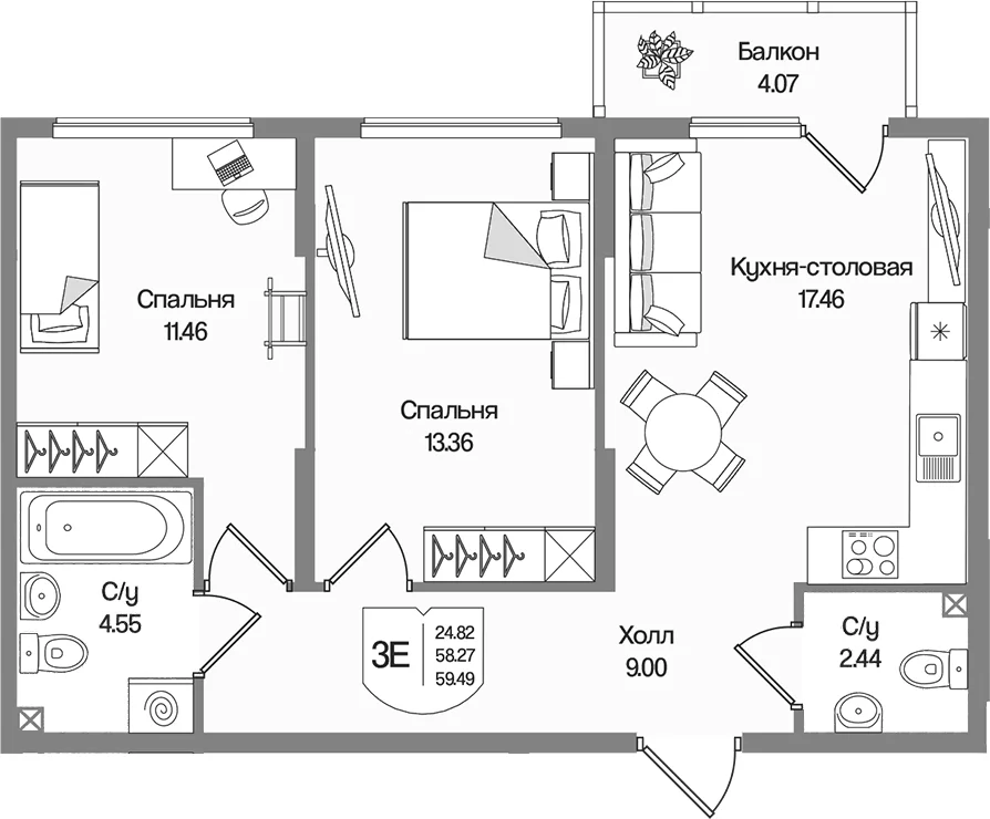 Планировка: Евротрёшка 58,3 м² в ЖК «Охтинские высоты»