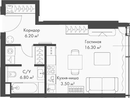 Планировка: Студия 32,8 м² в ЖК «Слава»