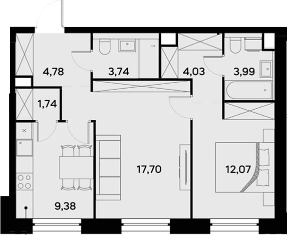 Планировка: 2-комнатная квартира 57,4 м² в ЖК «УЛЬТИМА Сити»