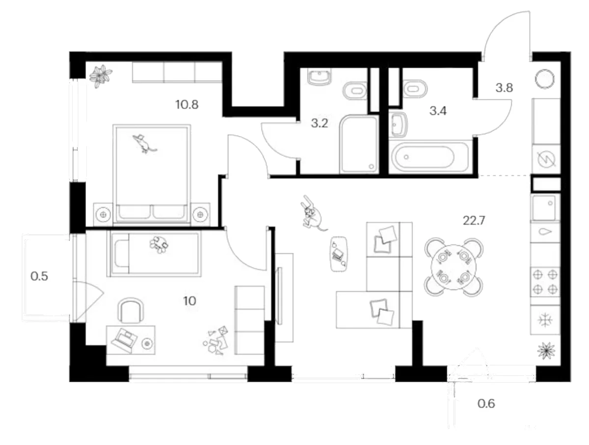 Планировка: 2-комнатная квартира 53,9 м² в ЖК «Бунинская набережная»