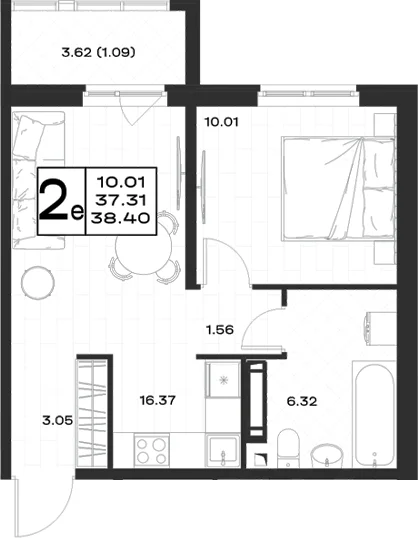 Планировка: Евродвушка 37,3 м² в ЖК «Имена»