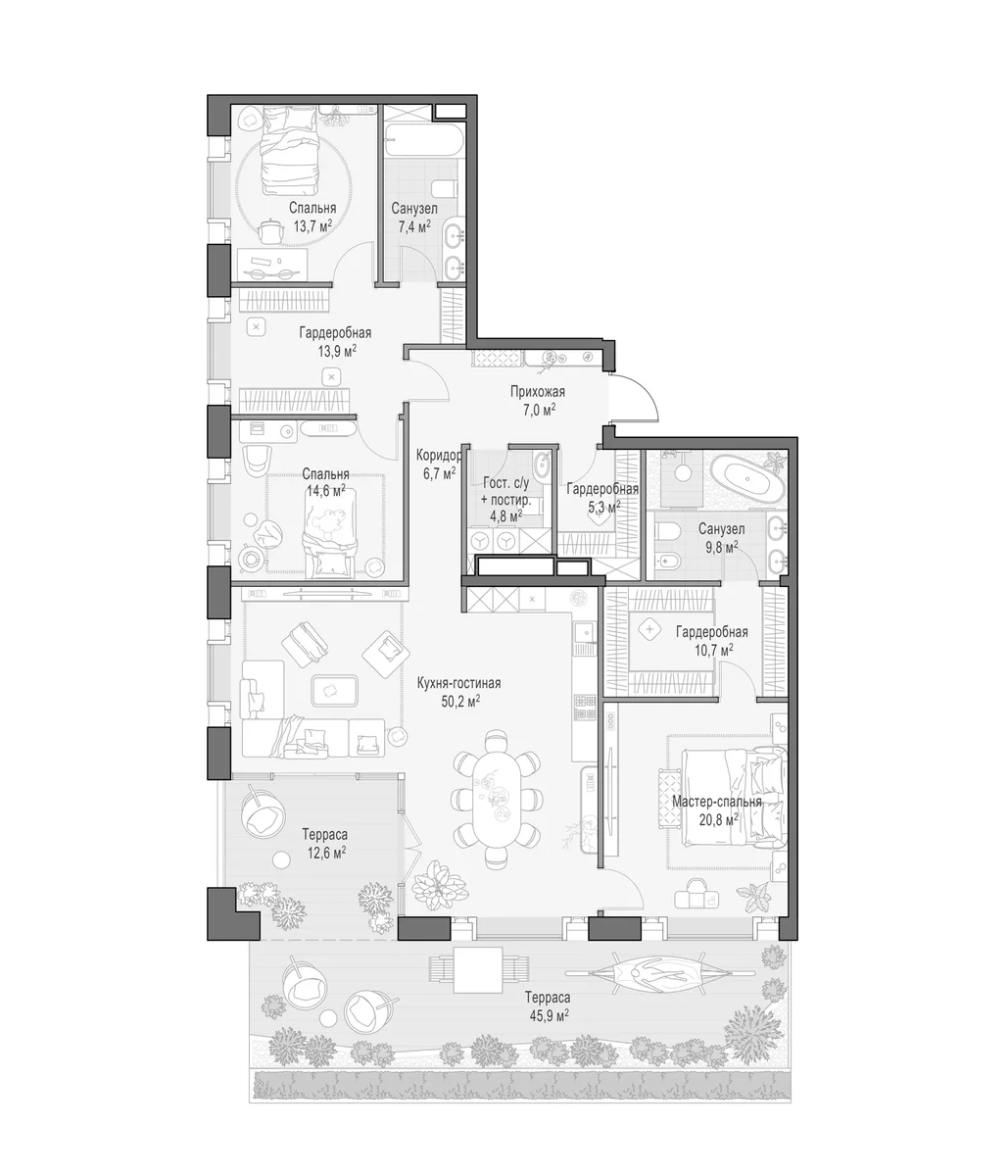 Планировка: Квартира евро-4 173,7 м² в ЖК «Клубный квартал Фрунзенский»