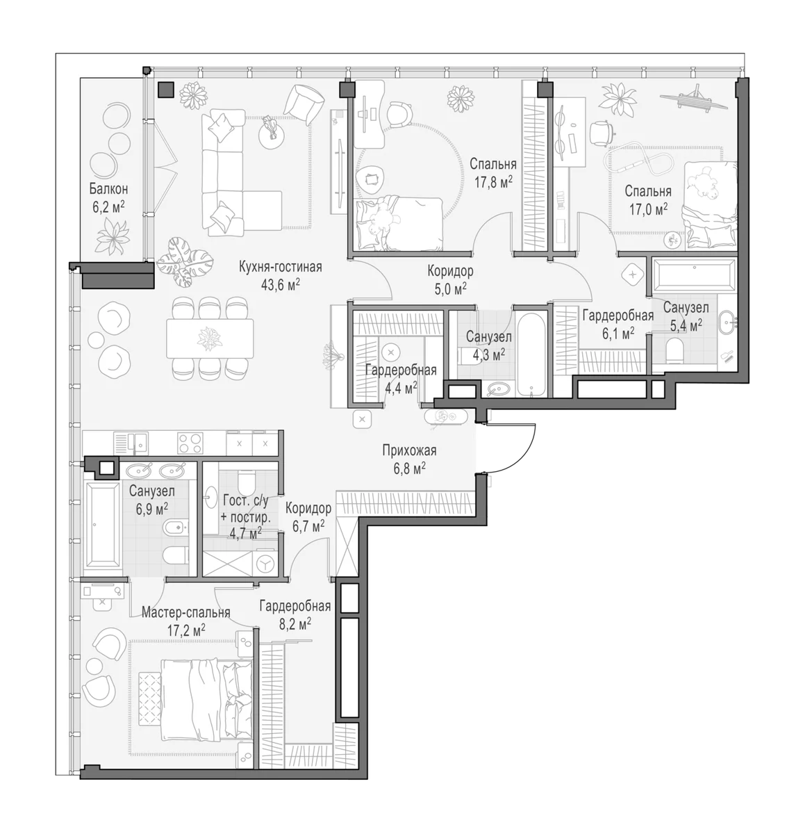 Планировка: Квартира евро-4 156,7 м² в ЖК «Клубный квартал Фрунзенский»