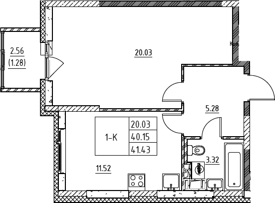 Планировка: 1-комнатная квартира 40,2 м² в ЖК «Город-спутник Южный»