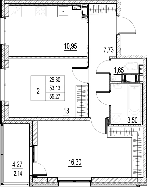 Планировка: 2-комнатная квартира 53,1 м² в ЖК «Город-спутник Южный»