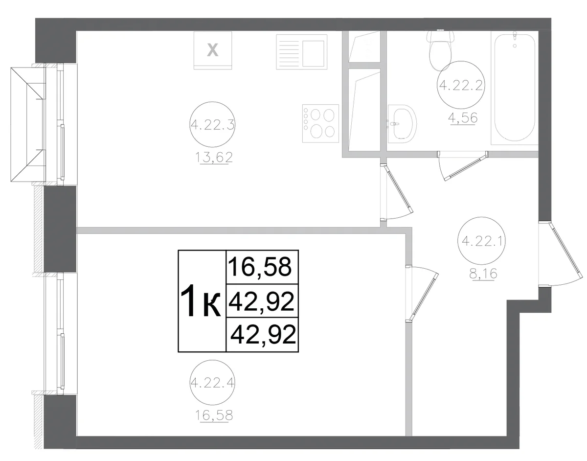 Планировка: 1-комнатная квартира 42,9 м² в ЖК «Авиатор-2»