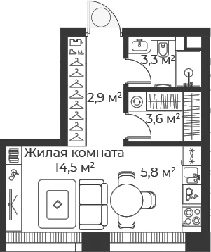 Планировка: Студия 30 м² в ЖК «Веер»