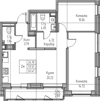 Планировка: Евротрёшка 59,5 м² в ЖК «Юнтолово»
