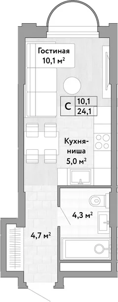 Планировка: Студия 24,1 м² в ЖК «Новые Смыслы»