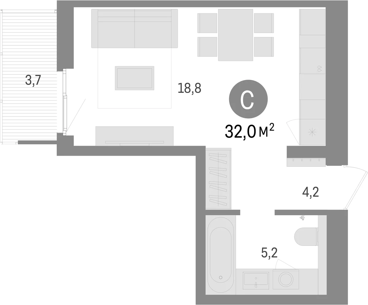 Планировка: Студия 28,3 м² в ЖК «Брусника в Новоселье»