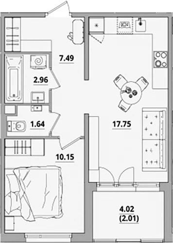 Планировка: Евродвушка 40 м² в ЖК «Тишин»