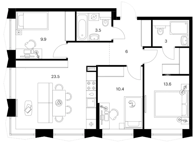 Планировка: 3-комнатная квартира 69,9 м² в ЖК «Бусиновский парк»