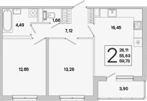 Планировка: Евротрёшка 55,8 м² в ЖК «ЮгТаун. Олимпийские кварталы»