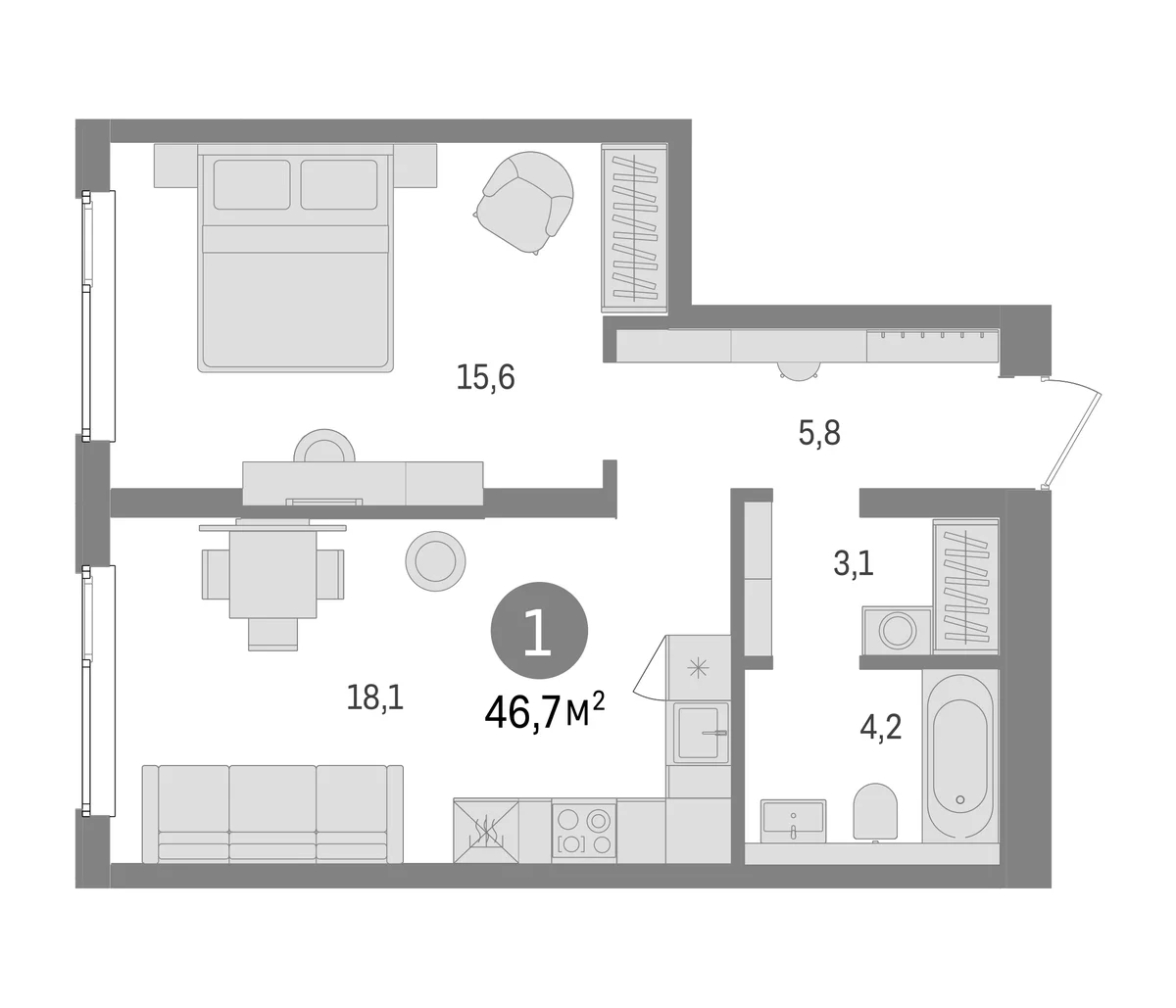 Планировка: Евродвушка 46,7 м² в ЖК «Брусника в Новоселье»