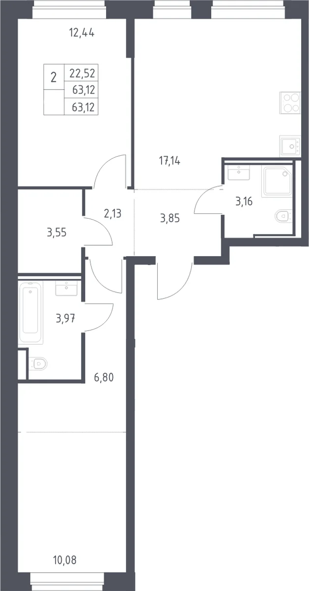 Планировка: Евротрёшка 63,1 м² в ЖК «Литературный Квартал»