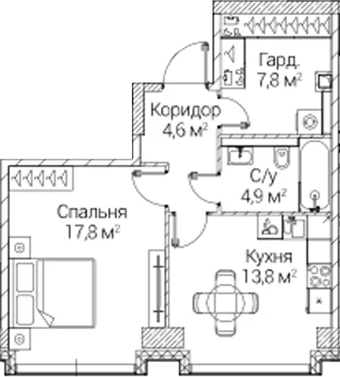Планировка: 1-комнатная квартира 48,7 м² в ЖК «СЕЗАР БУДУЩЕЕ»