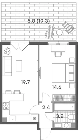 Планировка: Евродвушка 40,5 м² в ЖК «ПаркСайд»