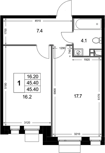 Планировка: 1-комнатная квартира 45,4 м² в ЖК «Кореневский Форт 2.3»