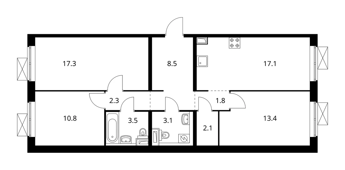 Планировка: 3-комнатная квартира 79,9 м² в ЖК «Белая Дача парк»