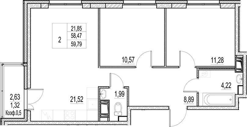 Планировка: Евротрёшка 58,5 м² в ЖК «Город-спутник Южный»