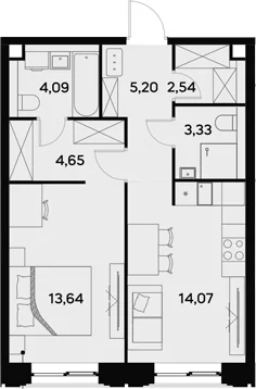 Планировка: 1-комнатная квартира 47,5 м² в ЖК «УЛЬТИМА Сити»