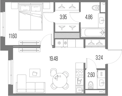 Планировка: Евродвушка 45,7 м² в ЖК «Легенда Васильевского»