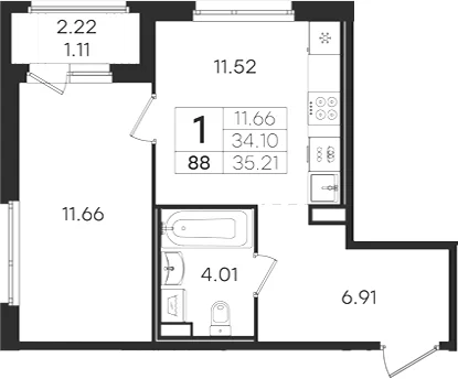 Планировка: 1-комнатная квартира 34,1 м² в ЖК «Романовка»