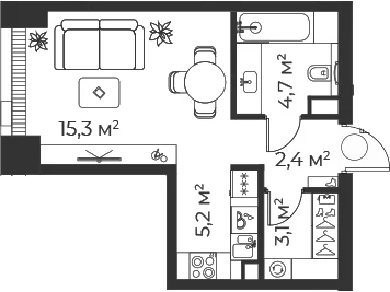 Планировка: Студия 30,6 м² в ЖК «Веер»