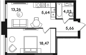 Планировка: Евродвушка 47,1 м² в ЖК «СОЛОС»