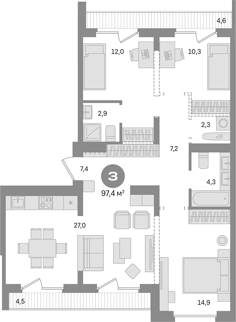 Планировка: 3-комнатная квартира 88,3 м² в ЖК «Первый квартал. Вторая очередь»