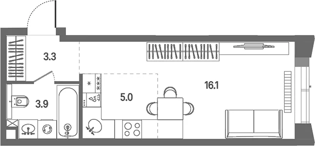 Планировка: Студия 28,3 м² в ЖК «КОД Сокольники»